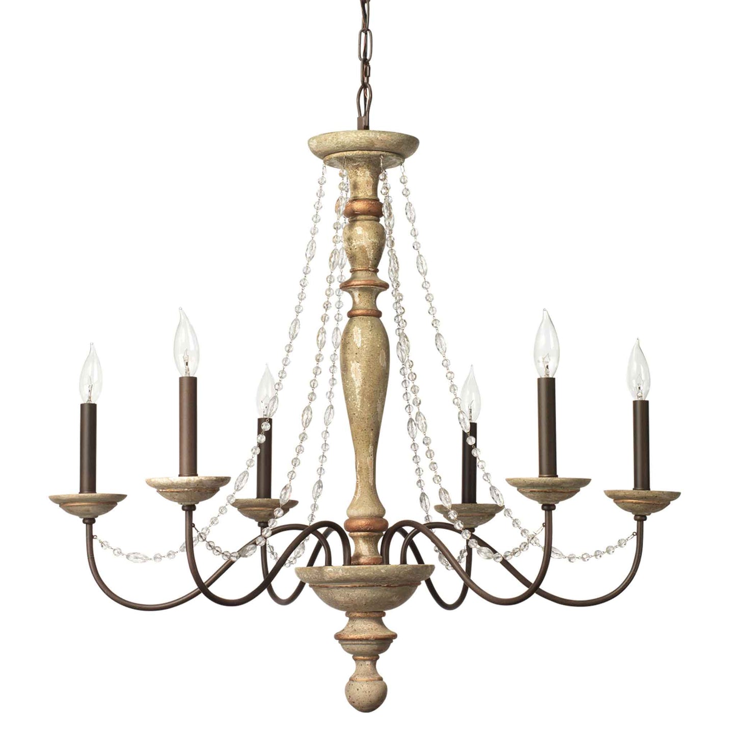 6 light 34 inch washed wood antique iron metal chandelier