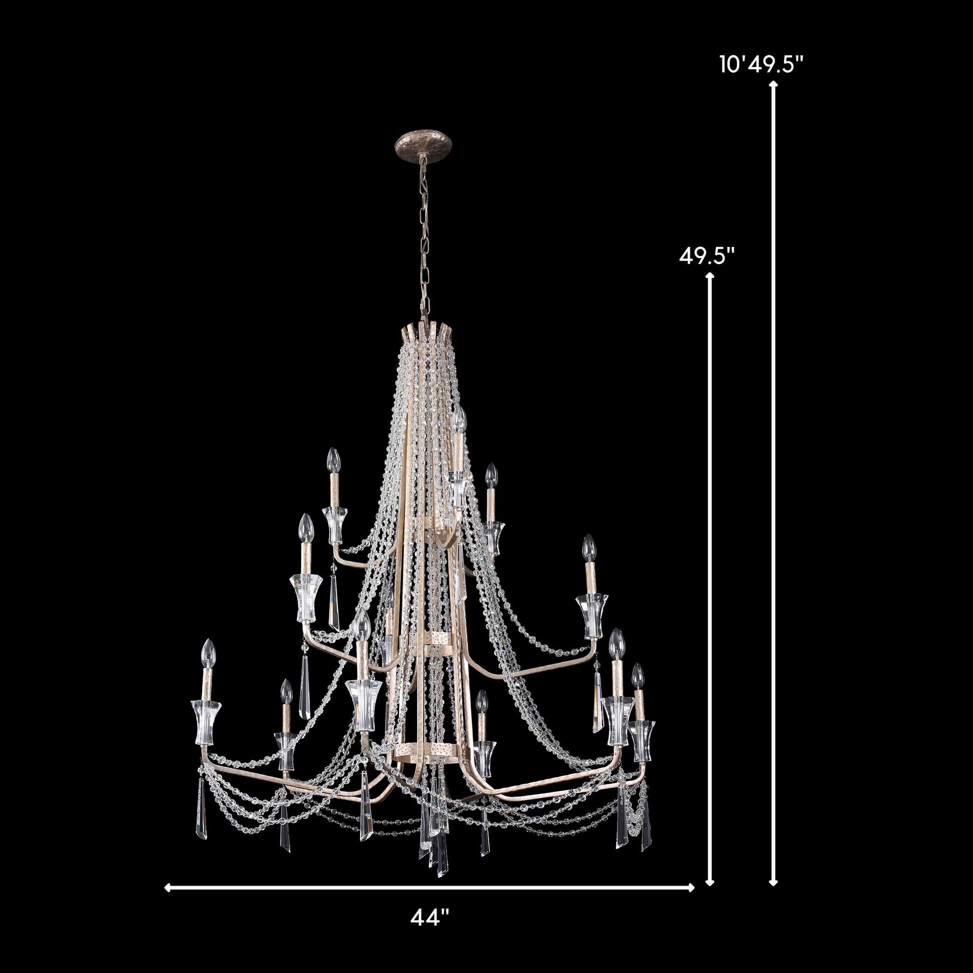 12 light 44 inch 3 tier transcend silver chandelier