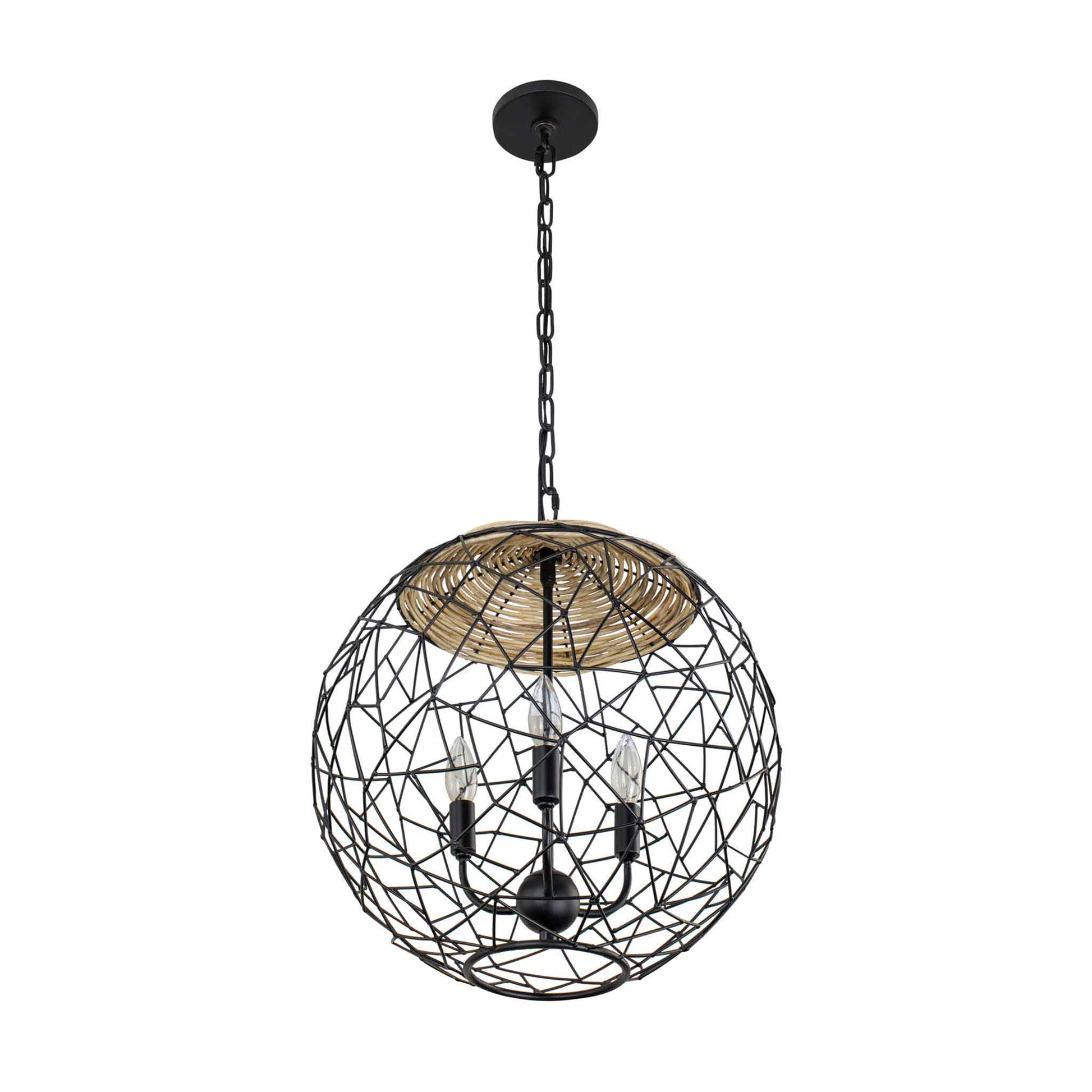 3 light 18 inch black and rattan pendant