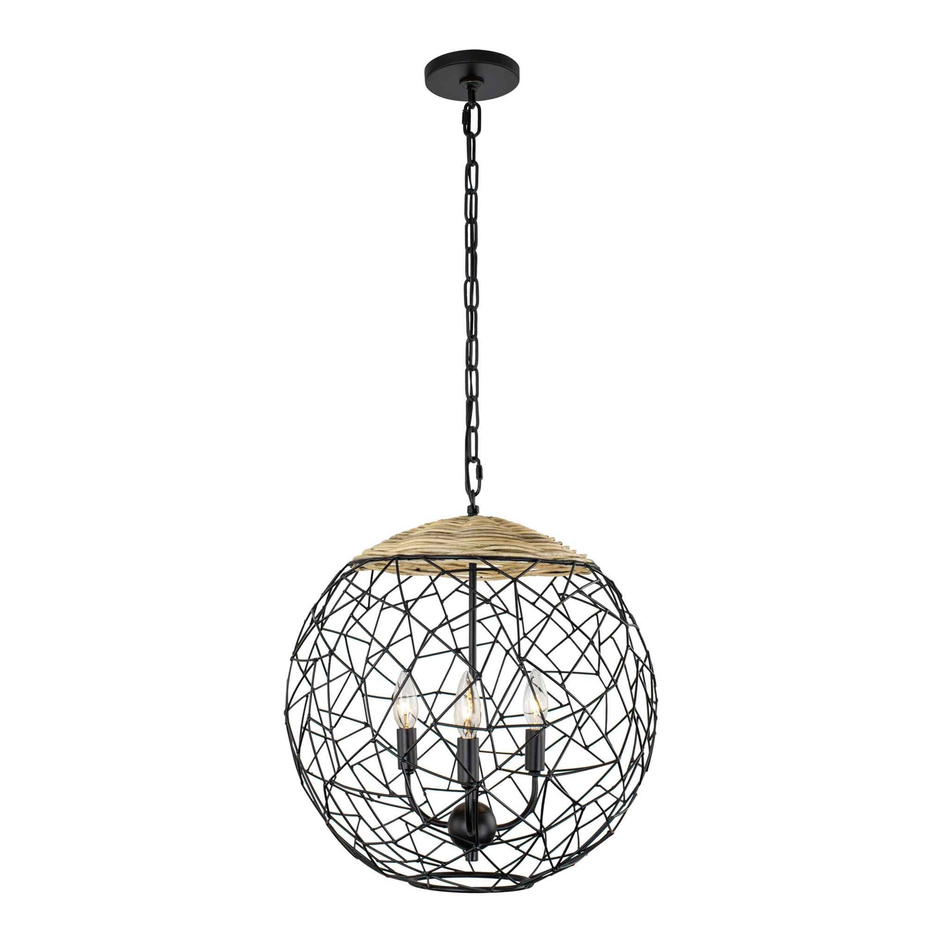 3 light 18 inch black and rattan pendant