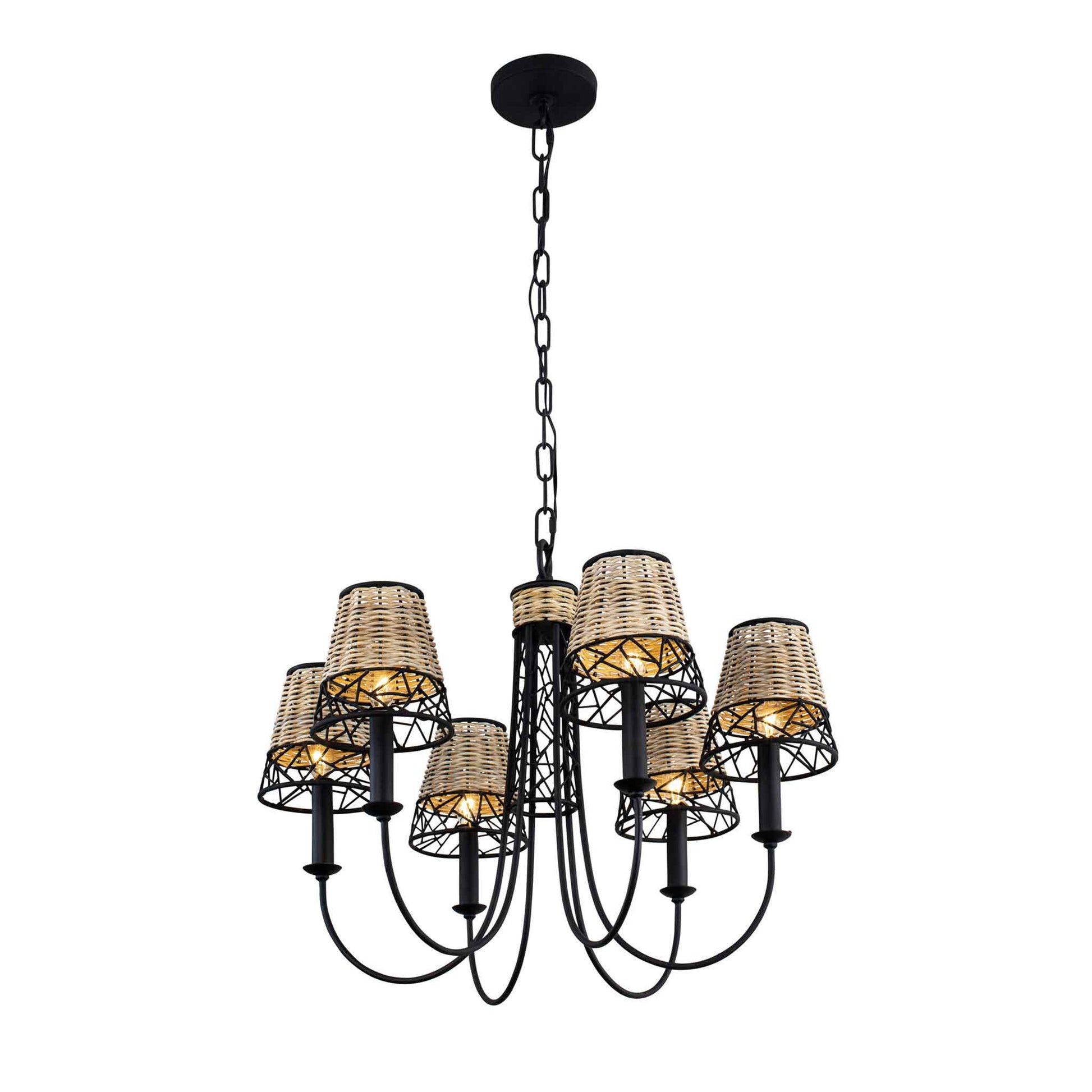 6 light 26 inch black and rattan chandelier