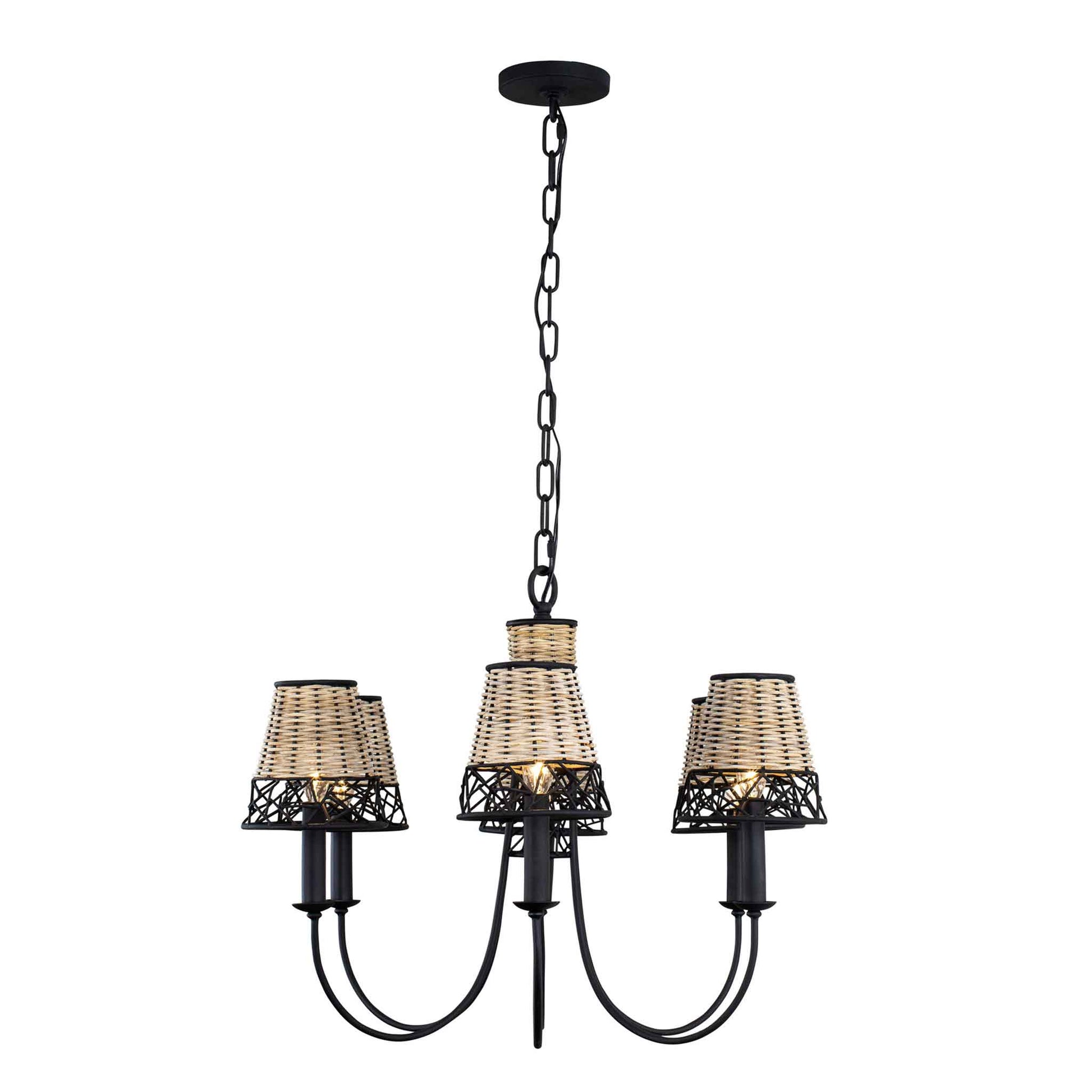 6 light 26 inch black and rattan chandelier