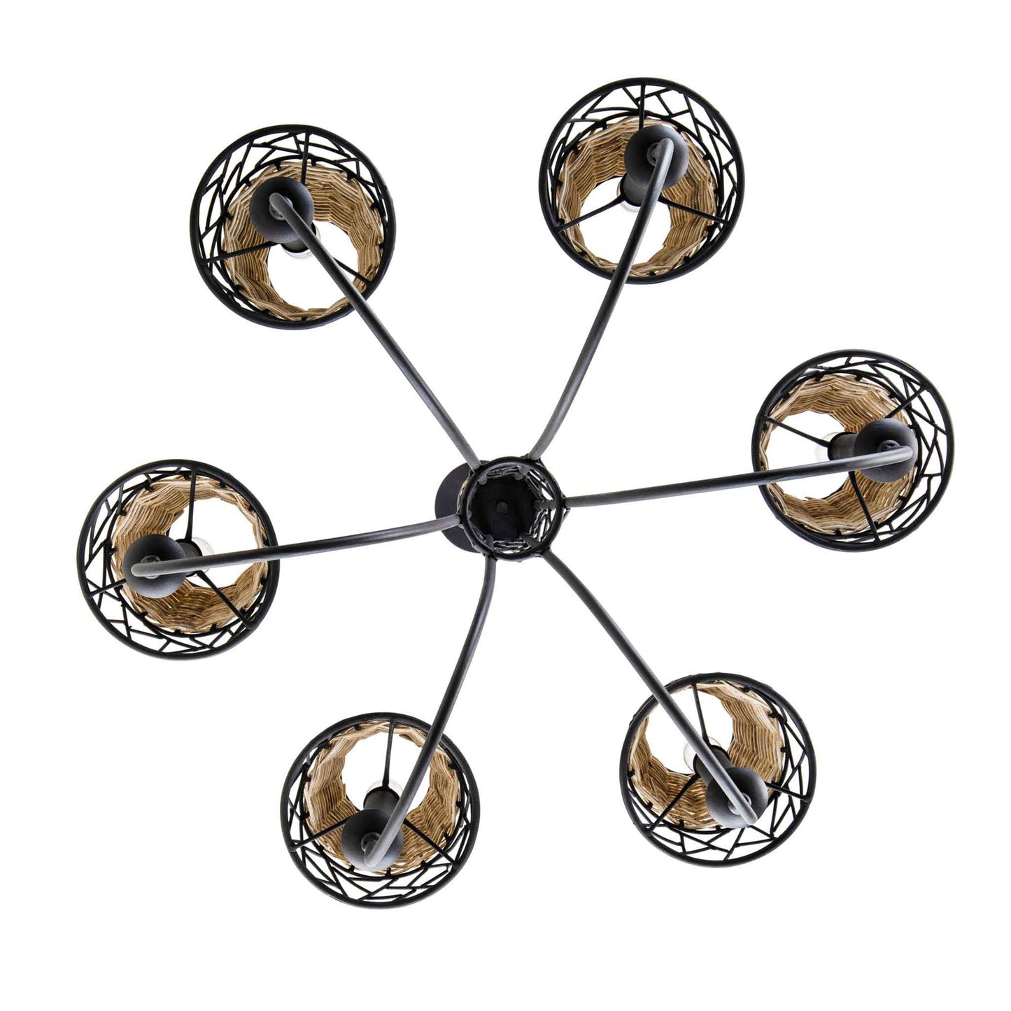 6 light 26 inch black and rattan chandelier