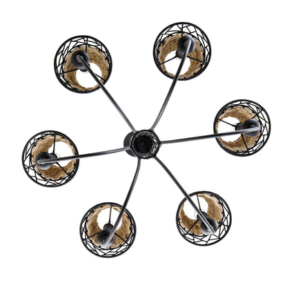 6 light 26 inch black and rattan chandelier