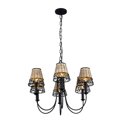 6 light 26 inch black and rattan chandelier