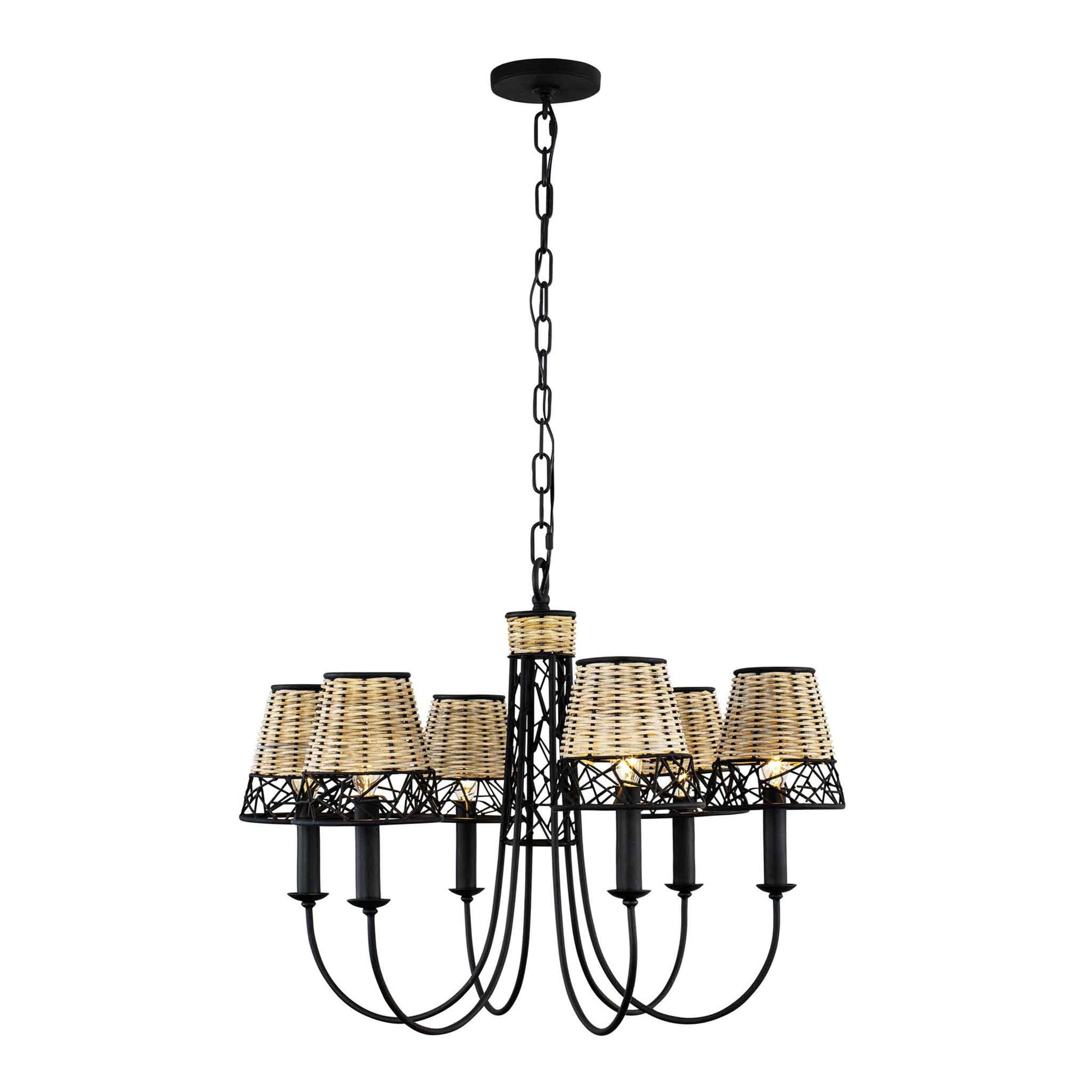 6 light 26 inch black and rattan chandelier