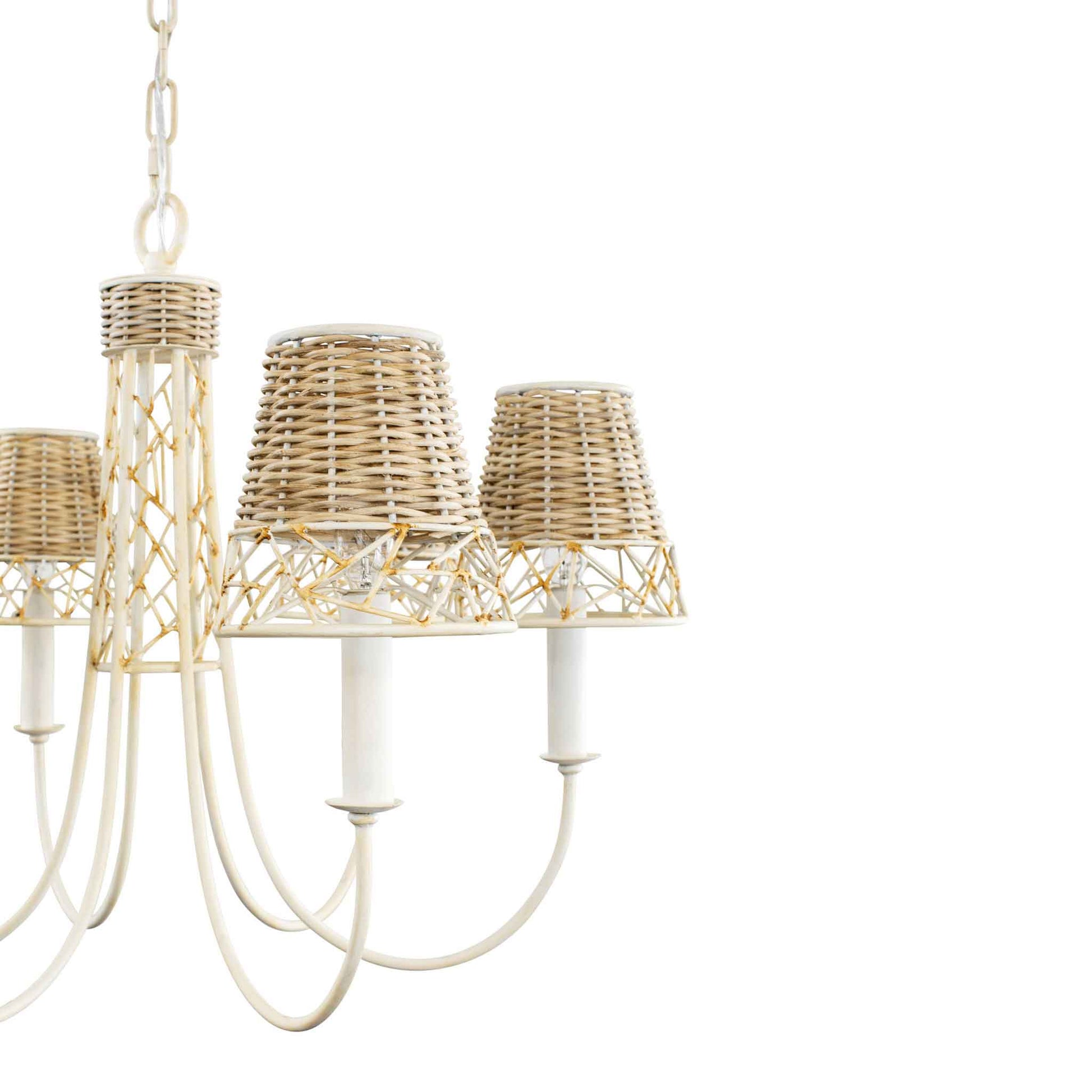 6 light 26 inch white and rattan chandelier