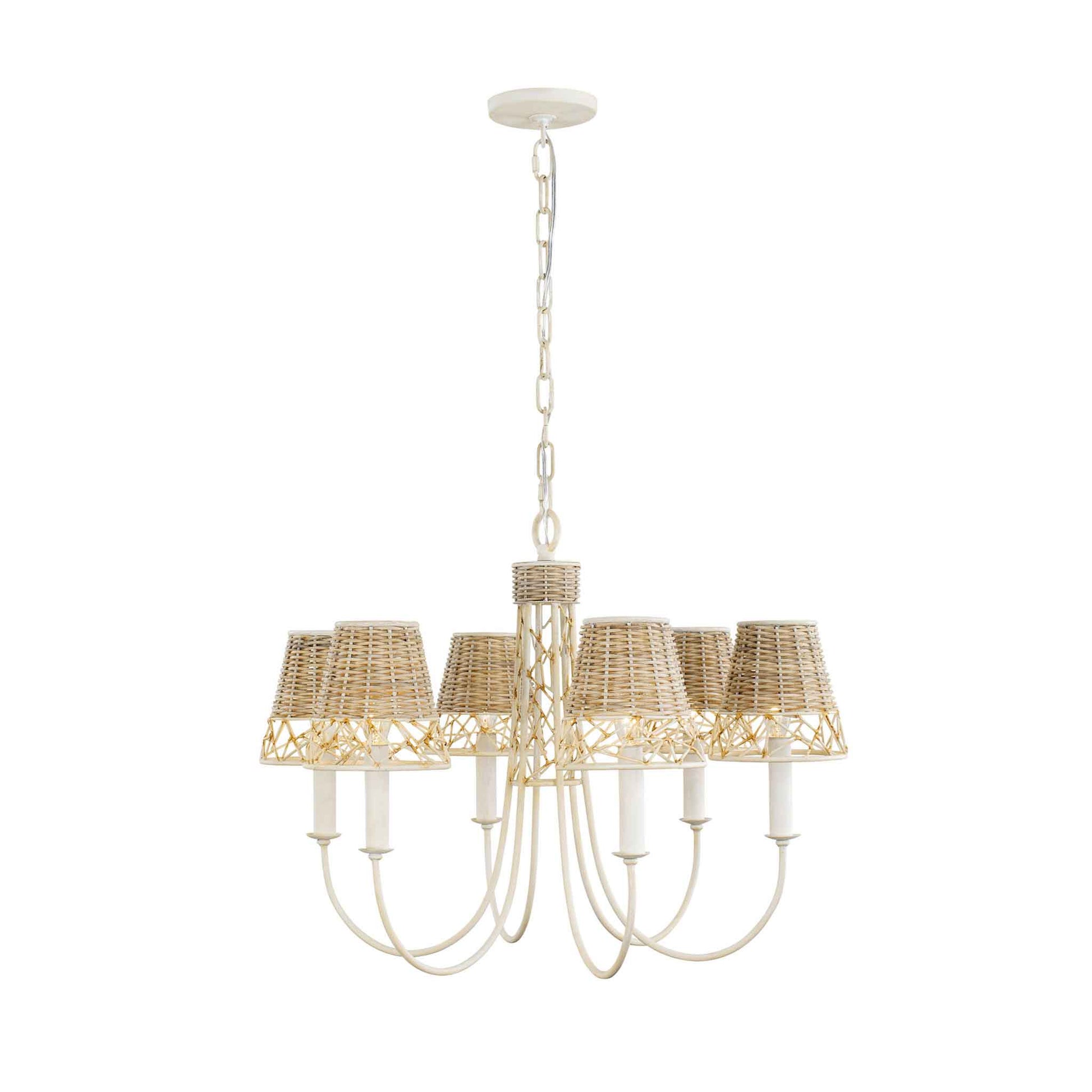 6 light 26 inch white and rattan chandelier