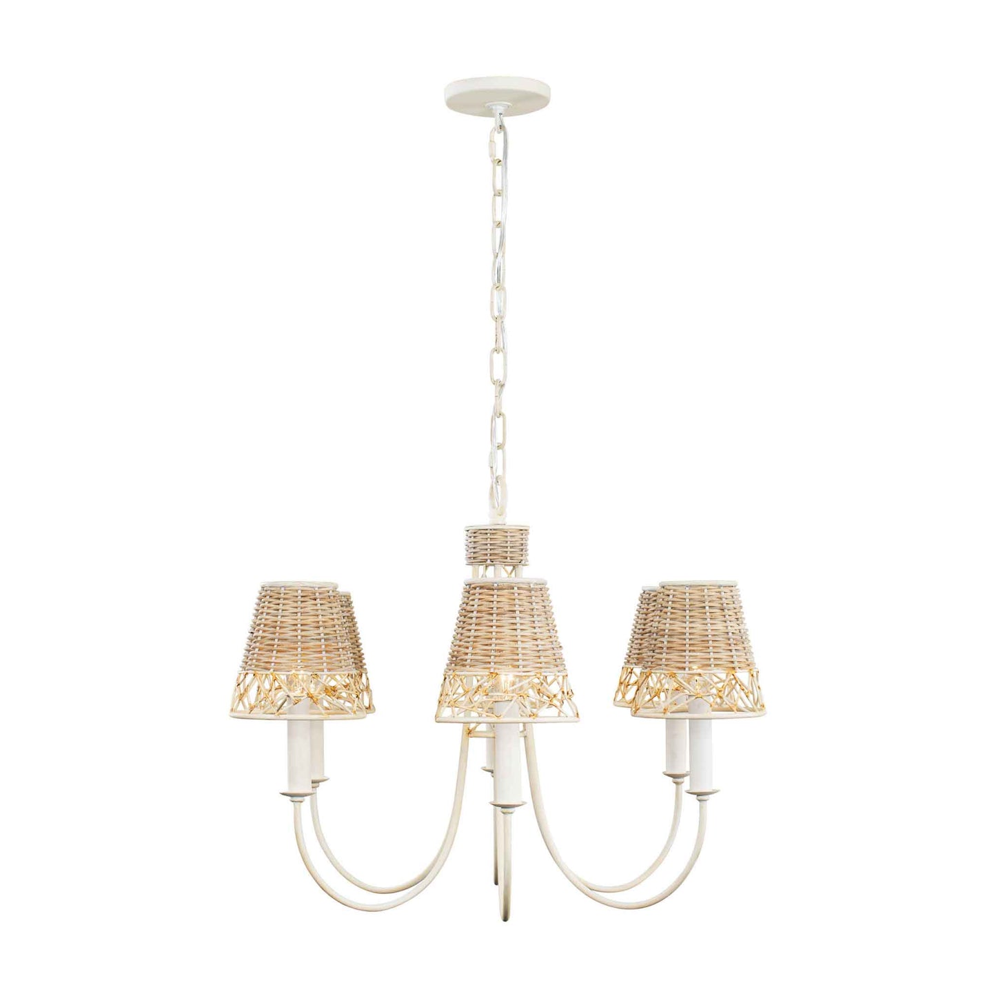 6 light 26 inch white and rattan chandelier