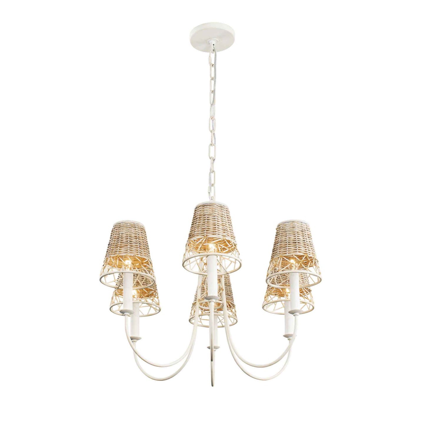 6 light 26 inch white and rattan chandelier