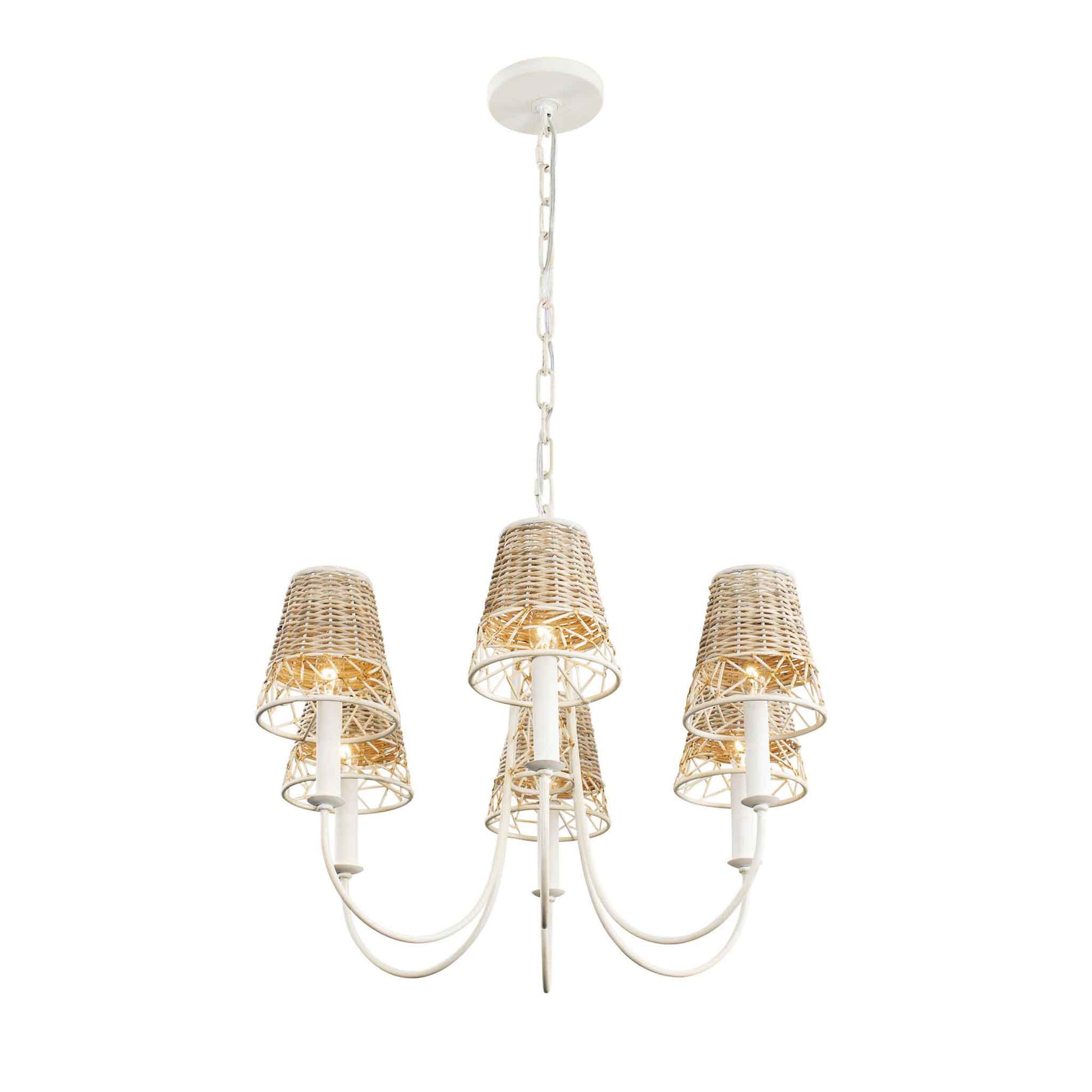 6 light 26 inch white and rattan chandelier