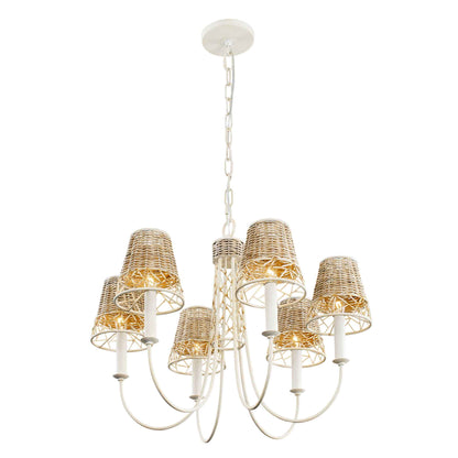 6 light 26 inch white and rattan chandelier