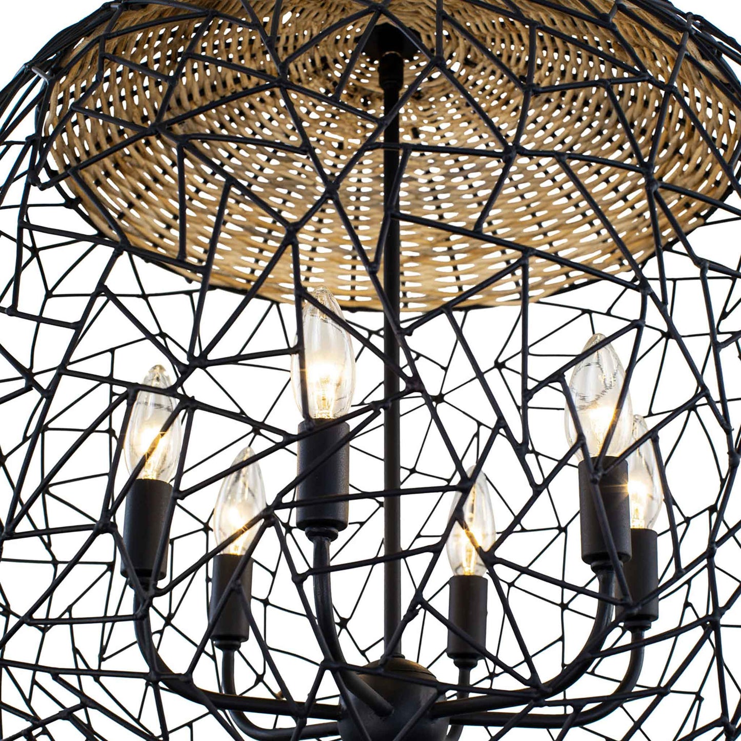 6 light 24 inch black and rattan pendant