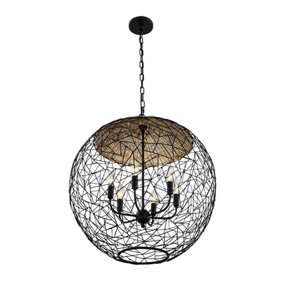 6 light 24 inch black and rattan pendant