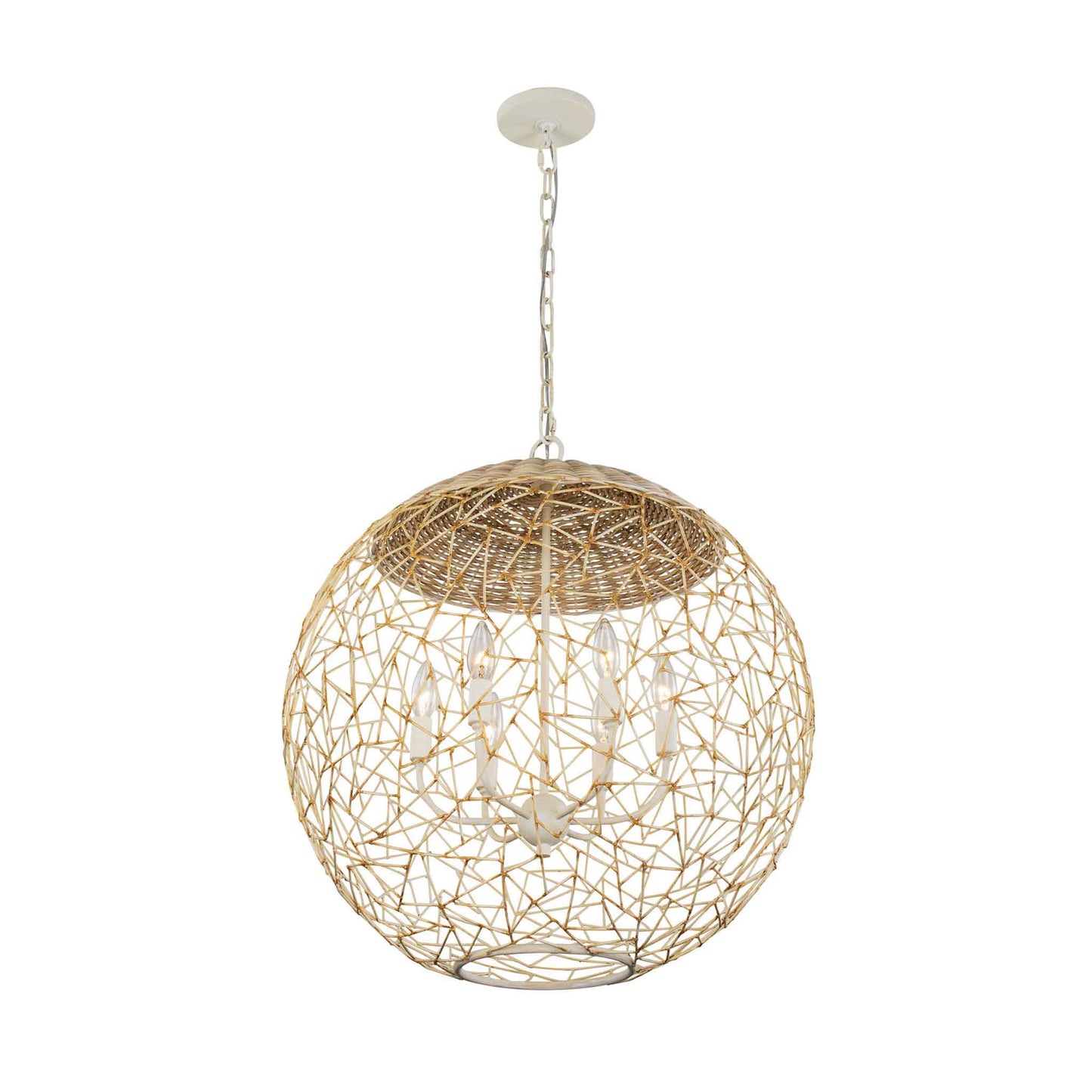 6 light 24 inch white and rattan pendant