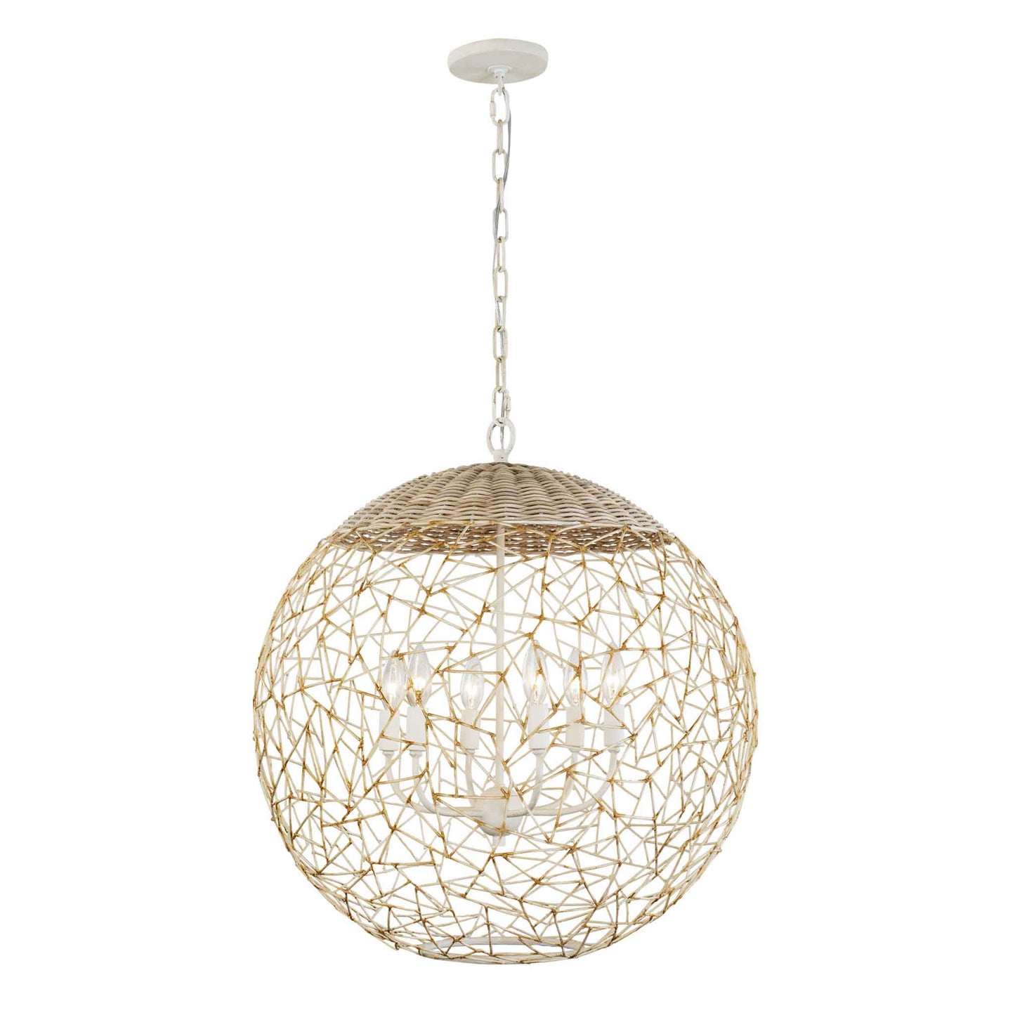 6 light 24 inch white and rattan pendant