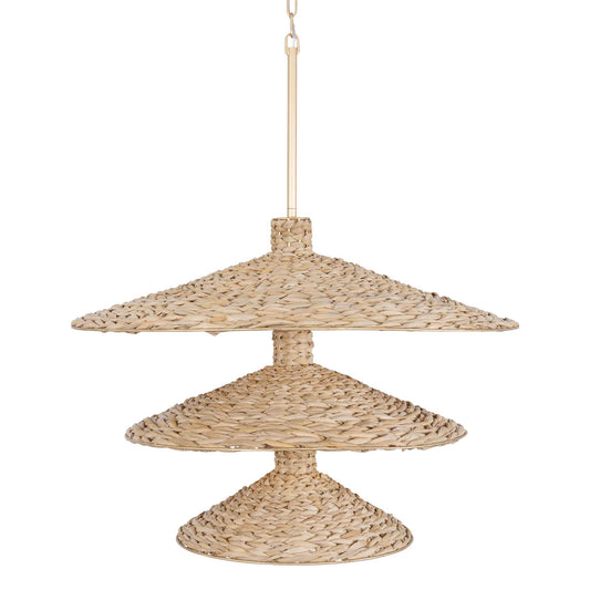 15 light 34 inch 3 tier gold and seagrass pendant