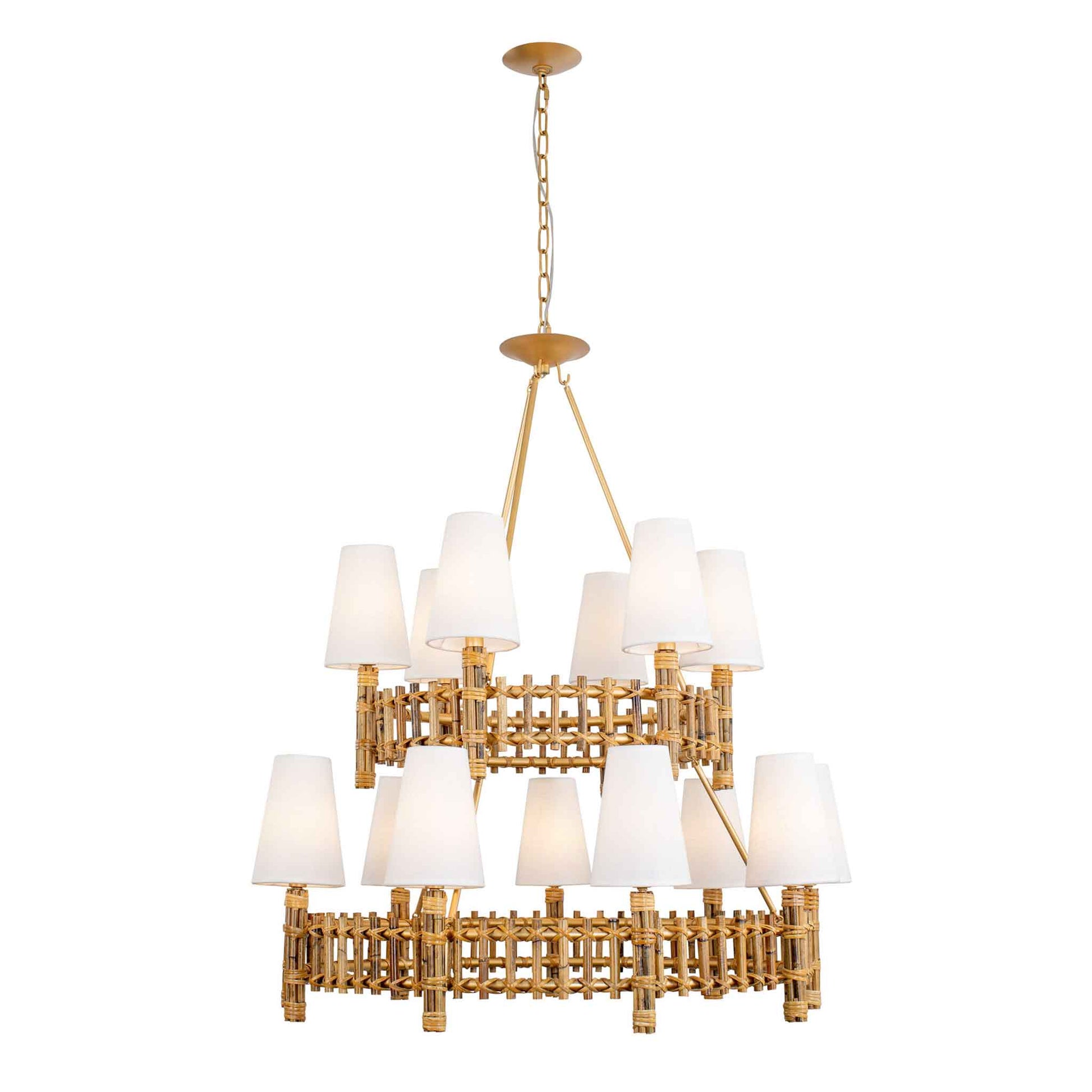 15 light 36 inch 2 tier gold and rattan chandelier