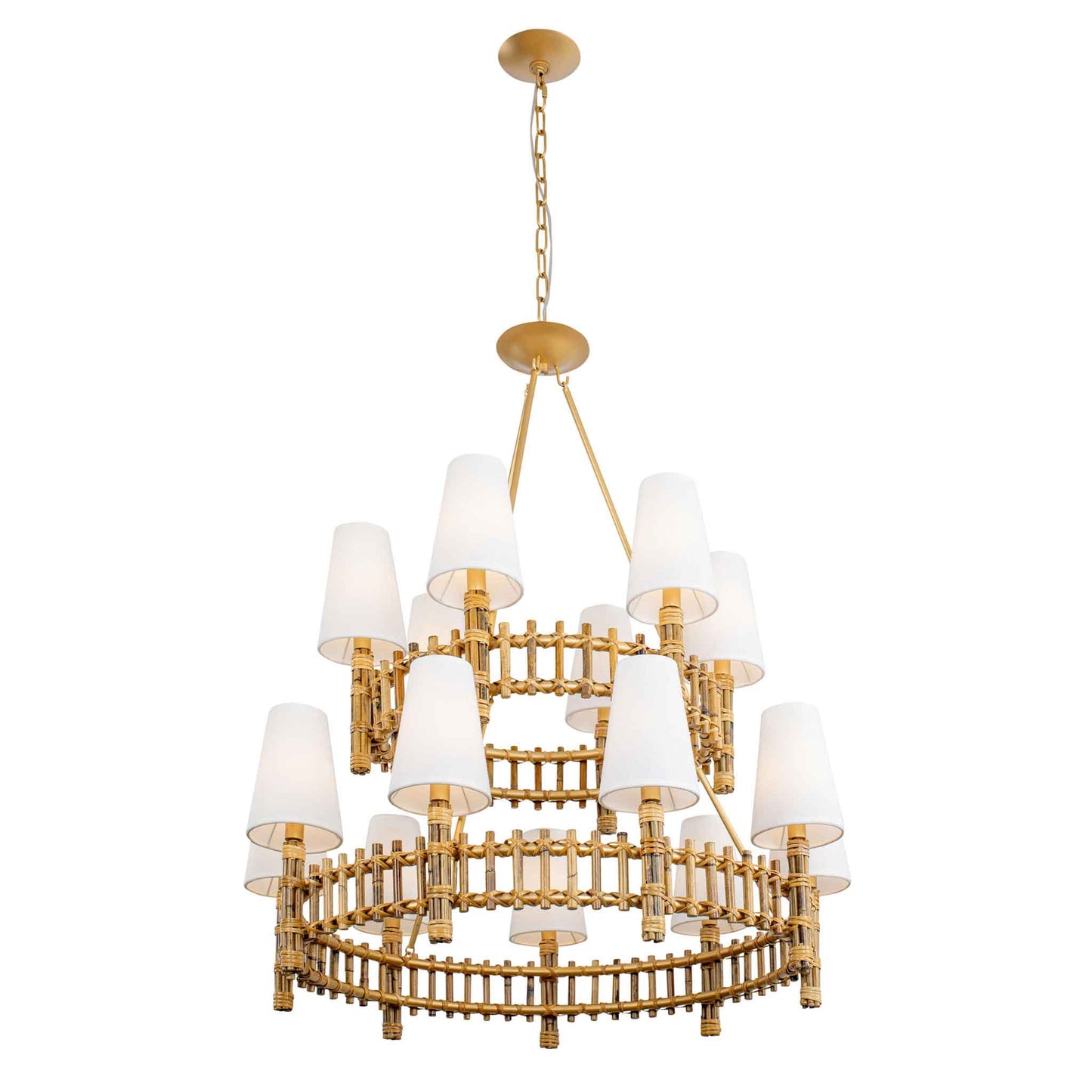 15 light 36 inch 2 tier gold and rattan chandelier