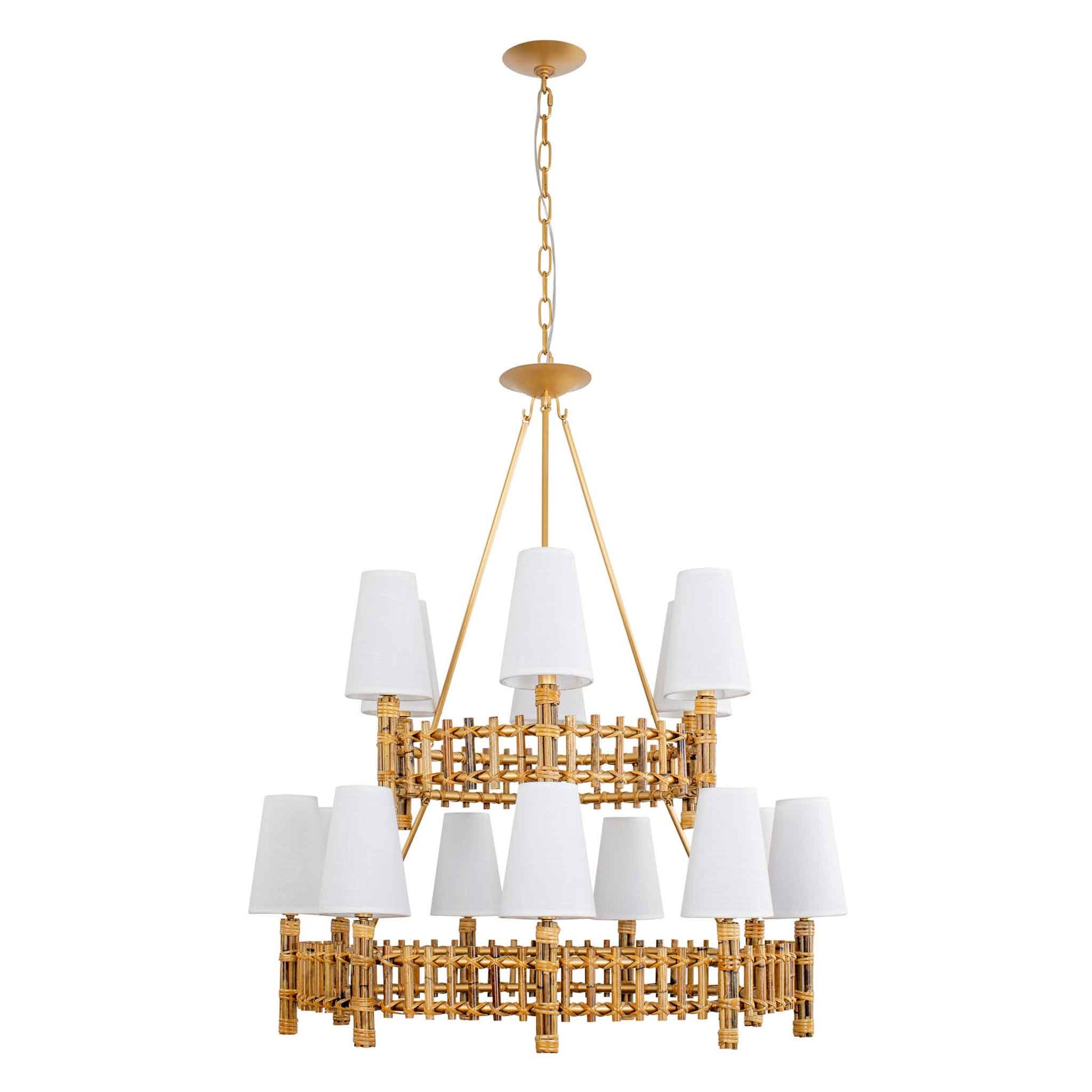 15 light 36 inch 2 tier gold and rattan chandelier