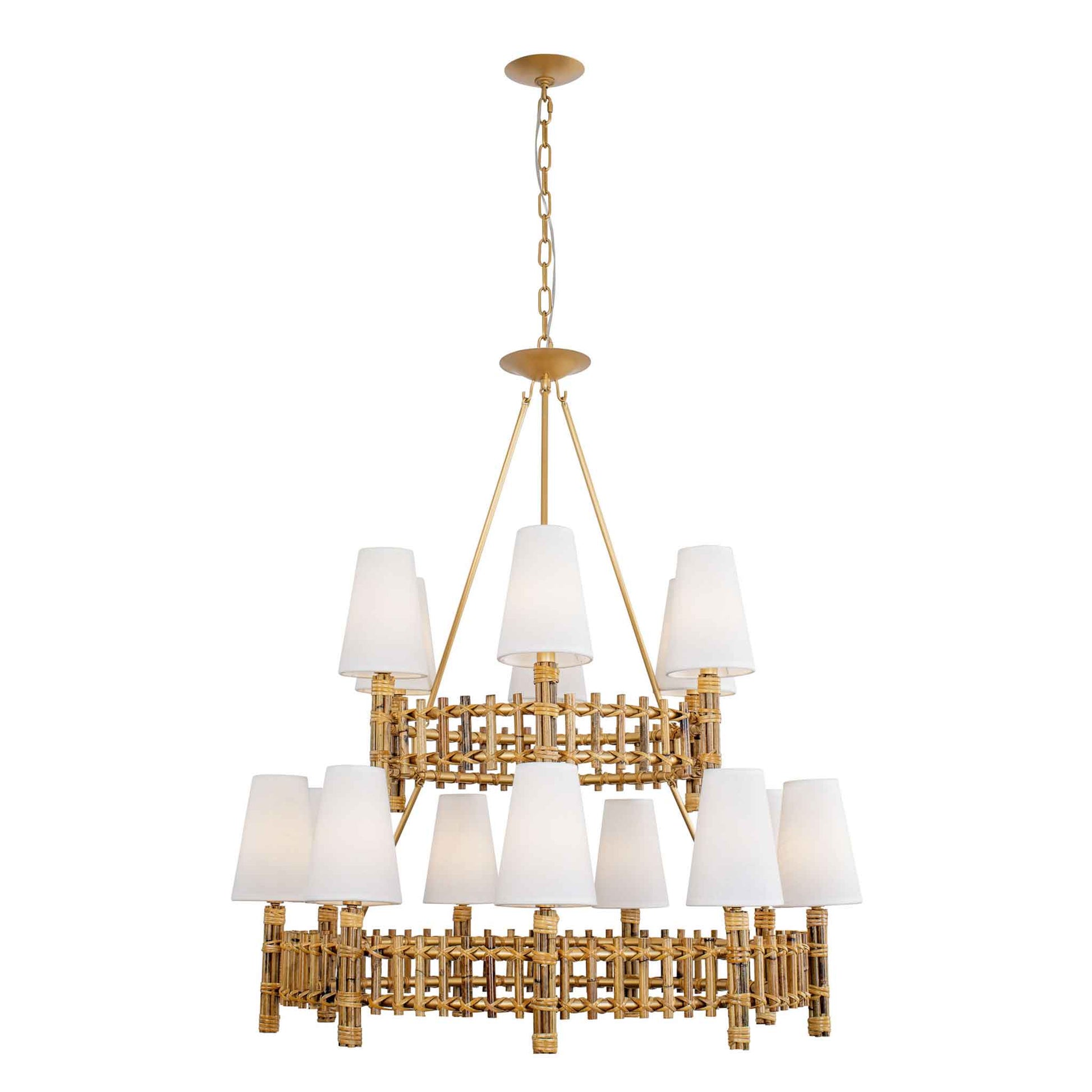 15 light 36 inch 2 tier gold and rattan chandelier