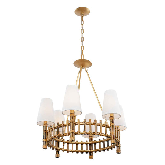 6 light 26 inch gold and rattan chandelier