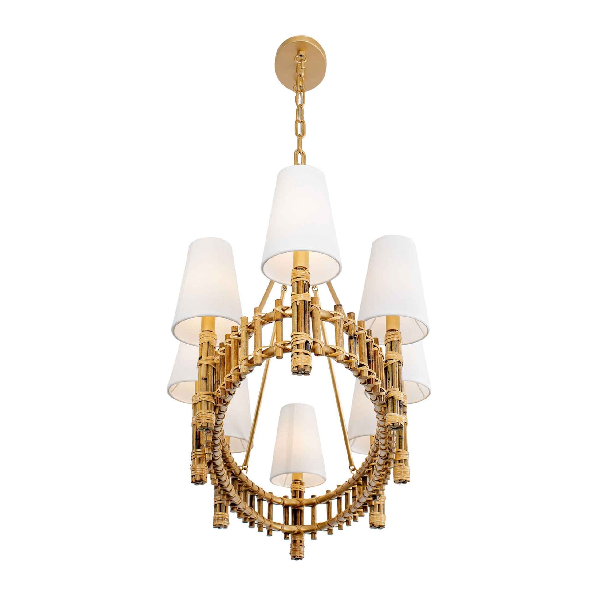 8 light 48 inch gold and rattan pendant