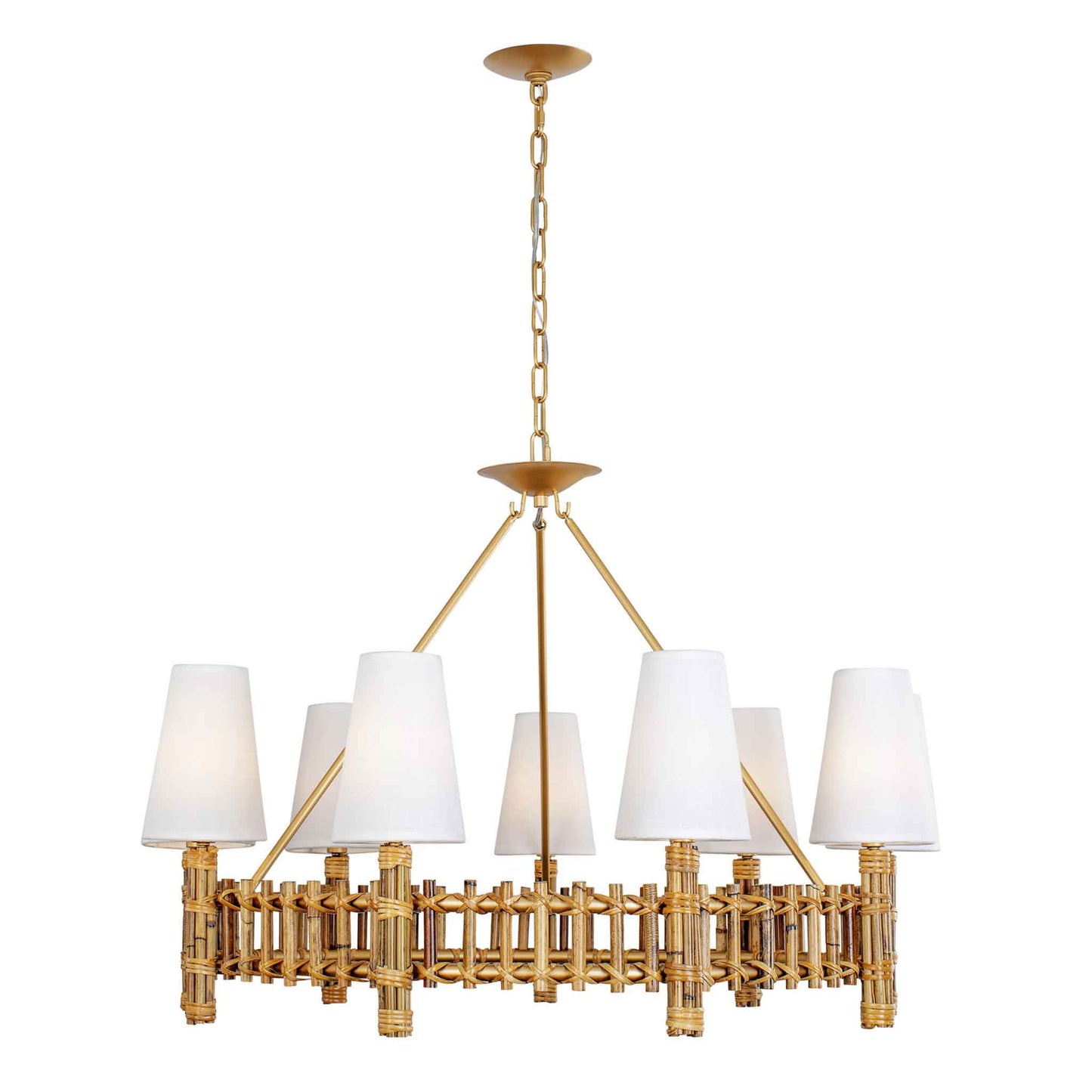 9 light 36 inch gold and rattan chandelier