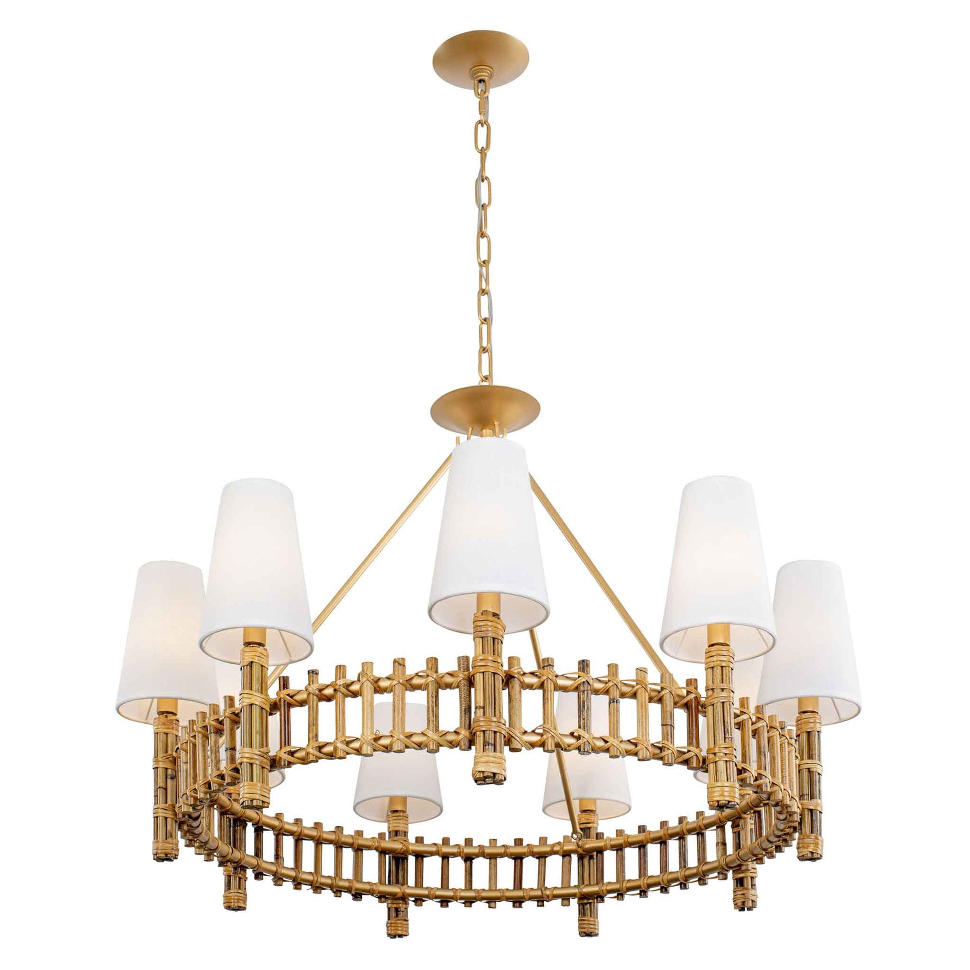 9 light 36 inch gold and rattan chandelier