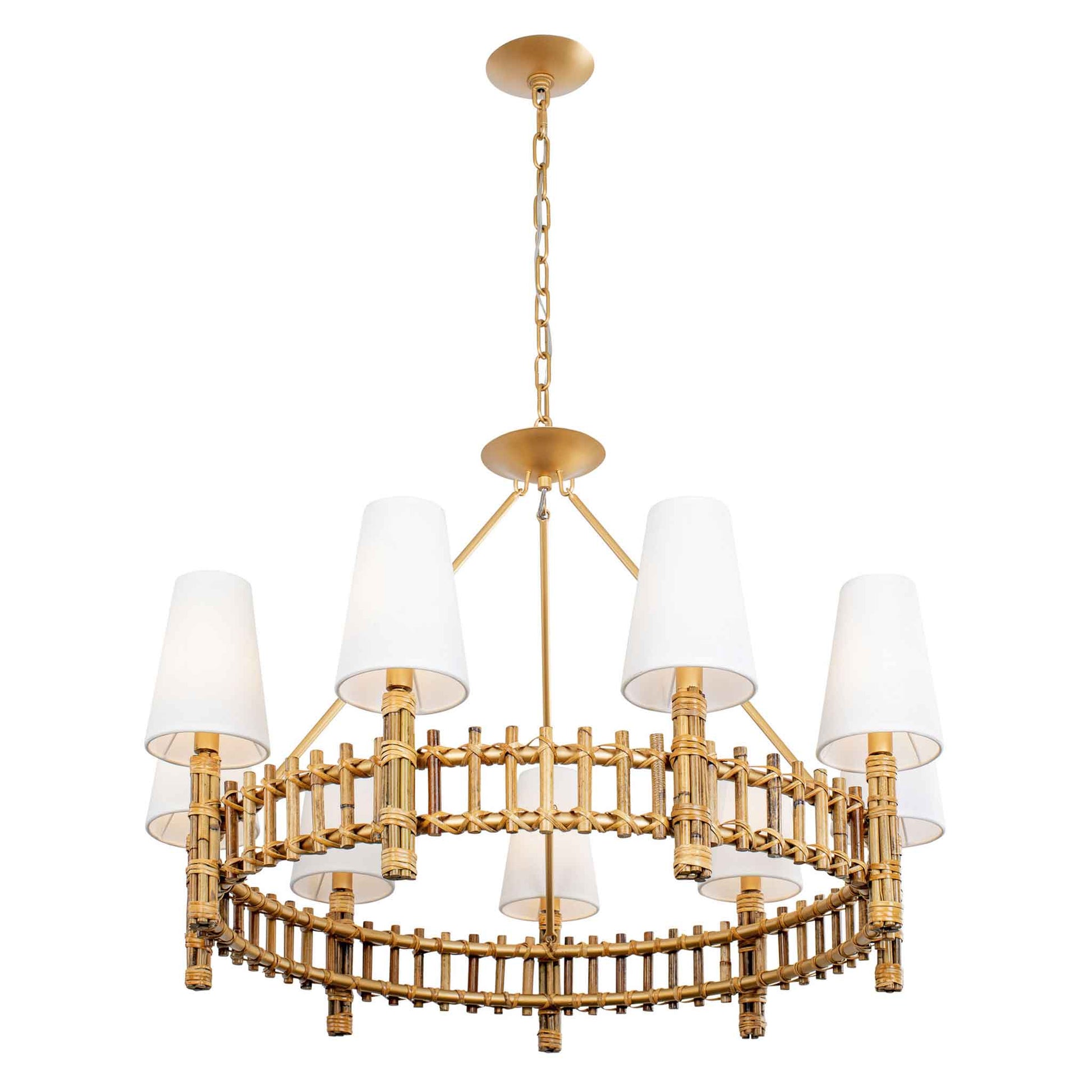 9 light 36 inch gold and rattan chandelier