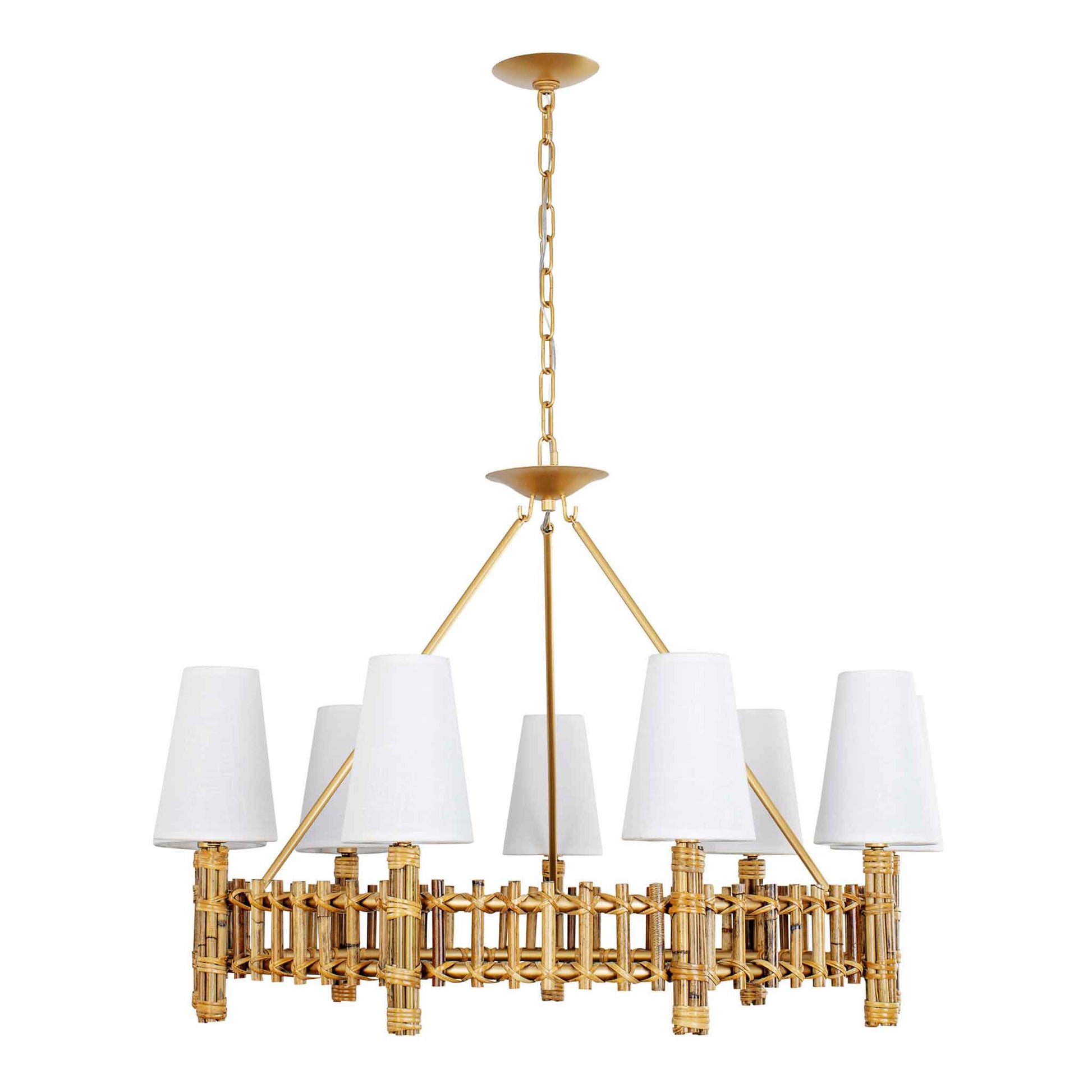 9 light 36 inch gold and rattan chandelier